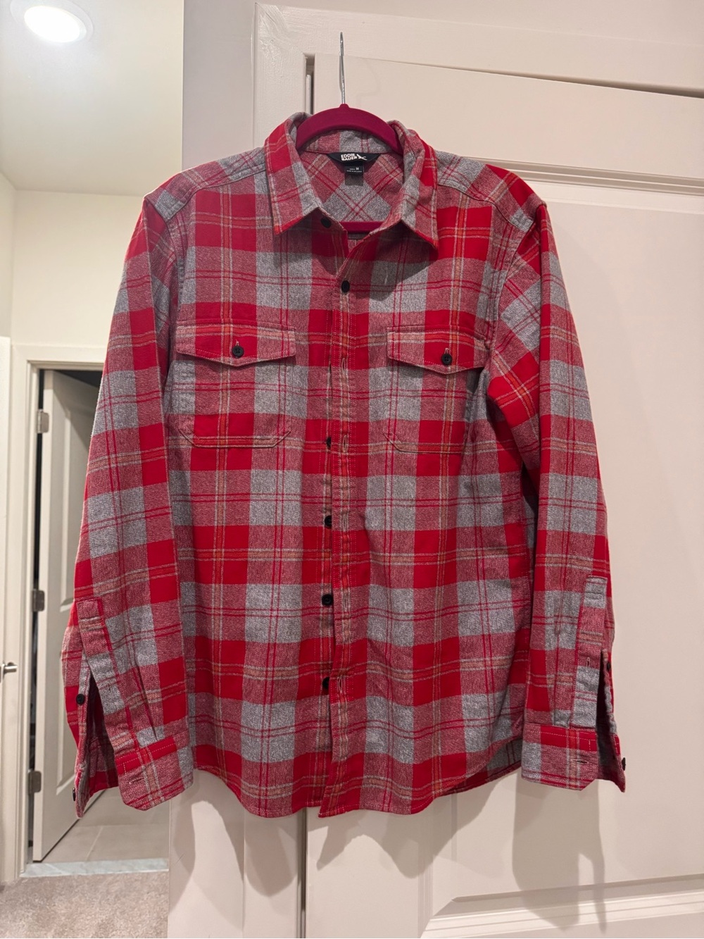 Eddie Bauer Red and Gray Plaid Button-Down Flannel Shirt